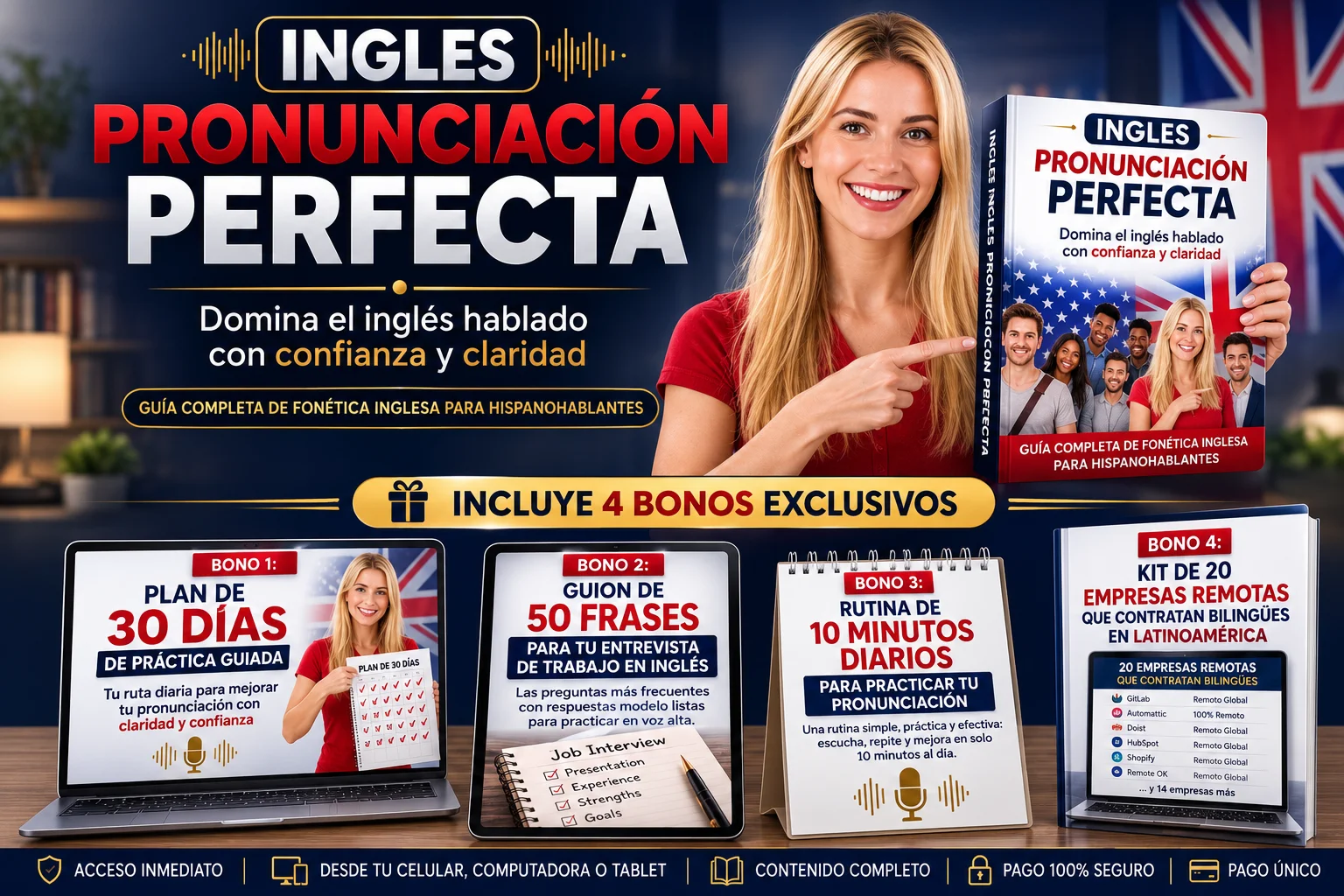 Resumen de todo lo que recibirás: el ebook Inglés Pronunciación Perfecta y los 4 bonos exclusivos