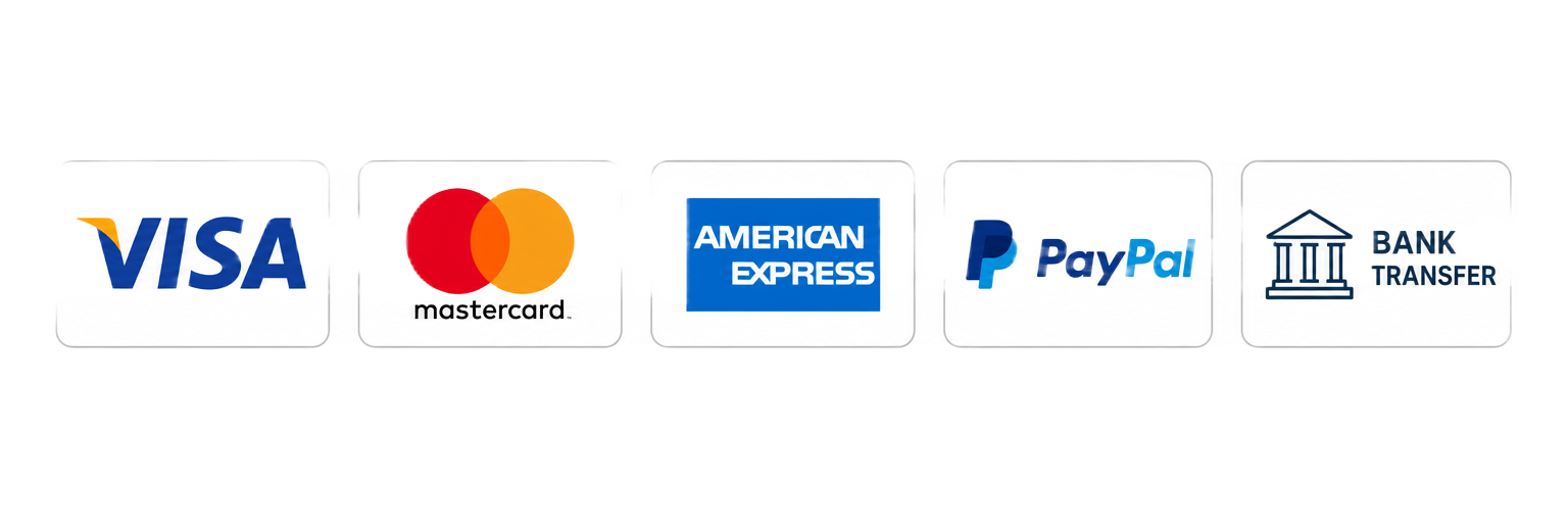 Métodos de pago aceptados: Visa, Mastercard, American Express, PayPal y transferencia bancaria