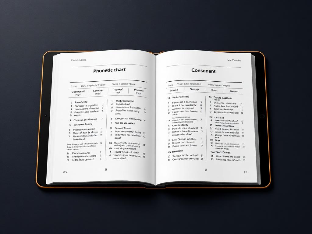 Página interior del ebook con tablas de sonidos vocales y consonánticos